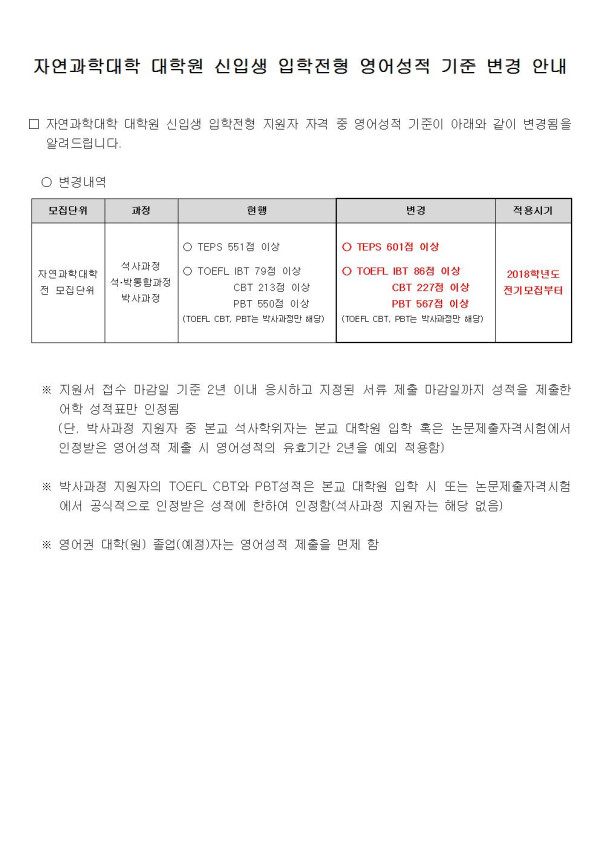 자연과학대학 대학원 신입생 입학전형 영어성적 기준 변경안내_공고문.jpg